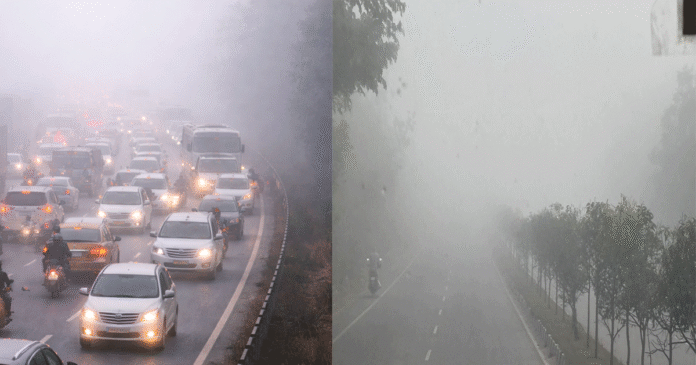 Dense fog blankets Hyderabad outskirts causing poor visibility and traffic disruption on Bengaluru and Vijayawada highways